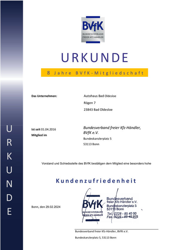Bild vergrößern: Urkunde - BVfK-Mitgliedschaft Autohaus BAd Oldesloe