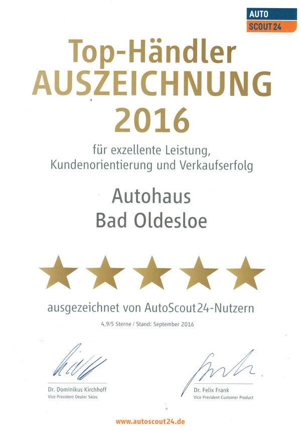 Bild vergrößern: Top-Händler Auszeichnung 2016 für Autohaus Bad Oldesloe von Autoscout24