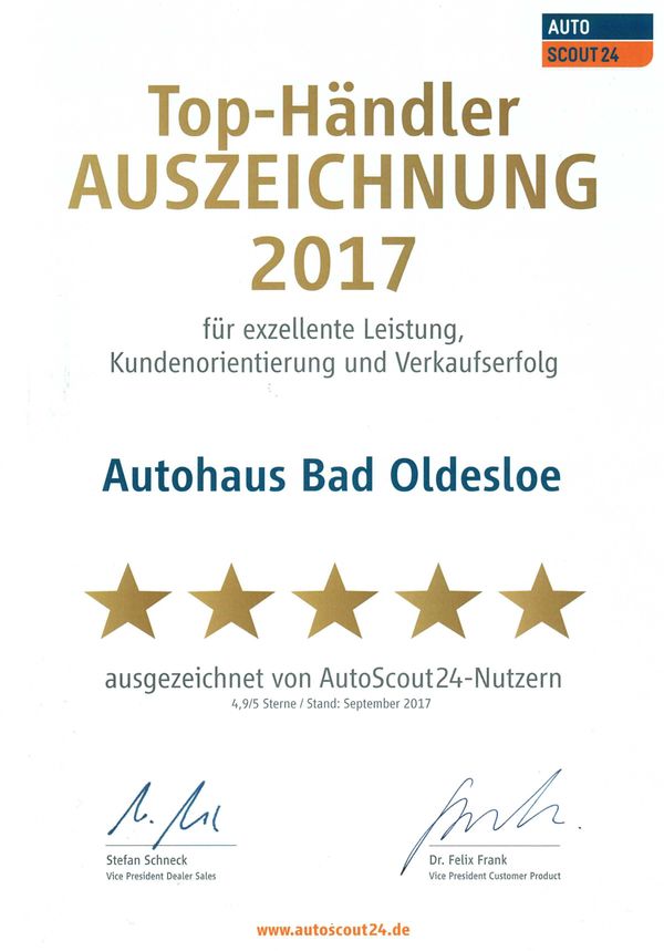 Bild vergrößern: Top-Händler Auszeichnung 2017 für Autohaus Bad Oldesloe von Autoscout24