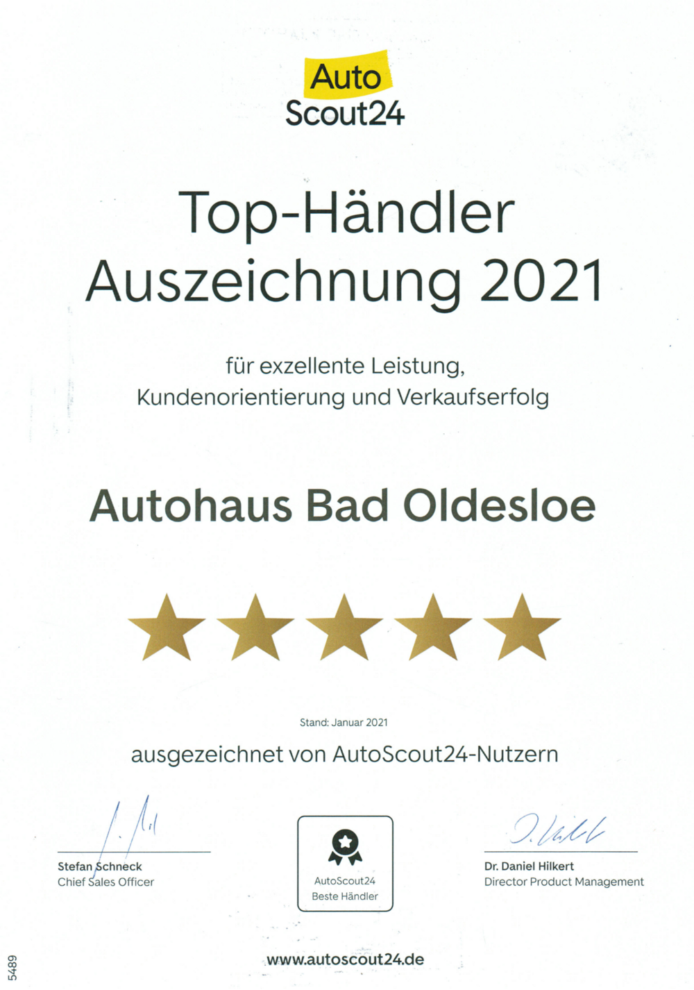 Bild vergrößern: Top-Händler Auszeichnung 2021 für Autohaus Bad Oldesloe von Autoscout24