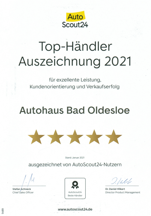 Bild vergrößern: Top-Händler Auszeichnung 2021 für Autohaus Bad Oldesloe von Autoscout24