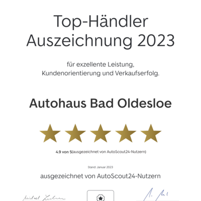Bild vergrößern: Top-Händler Auszeichnung 2023 für Autohaus Bad Oldesloe von AutoScout24